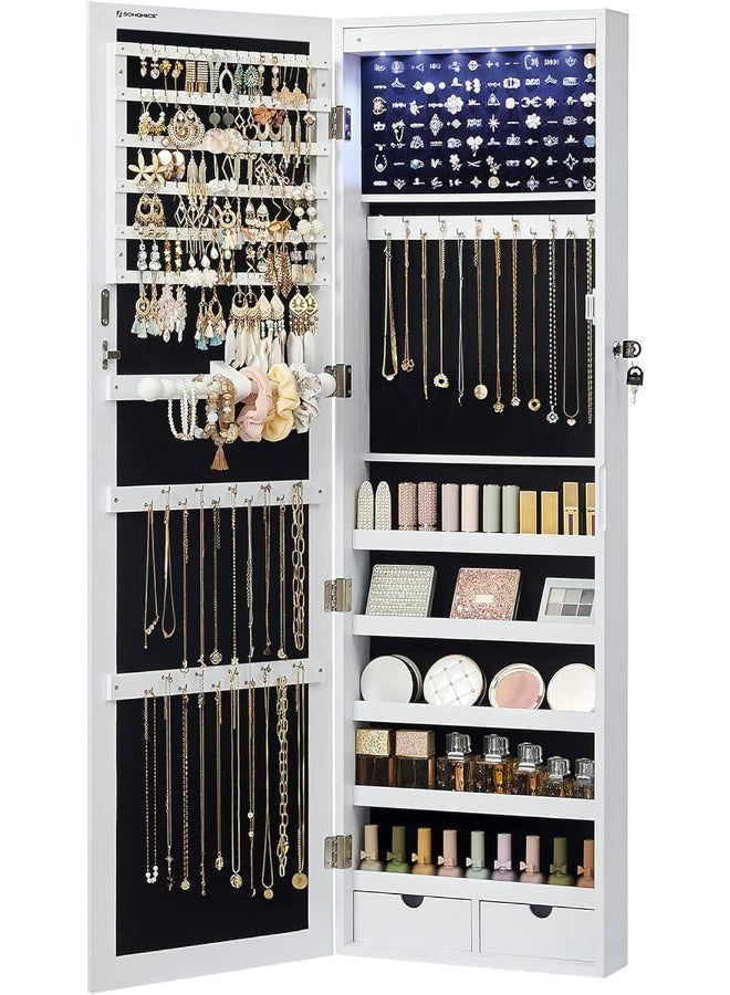 سونمجز خزانة مجوهرات SONGMICS مزودة بمرآة و6 مصابيح LED، ارتفاعها 47.2 بوصة، قابلة للقفل، تُثبت على الحائط أو الباب، لون أبيض - Image 2